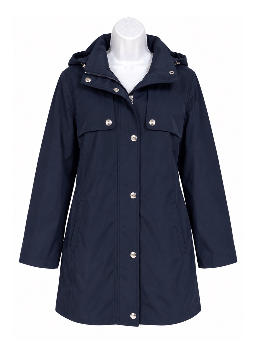 Fog by London Fog Navy Blue Mid-Length Water Resistant Rain Coat Womens M